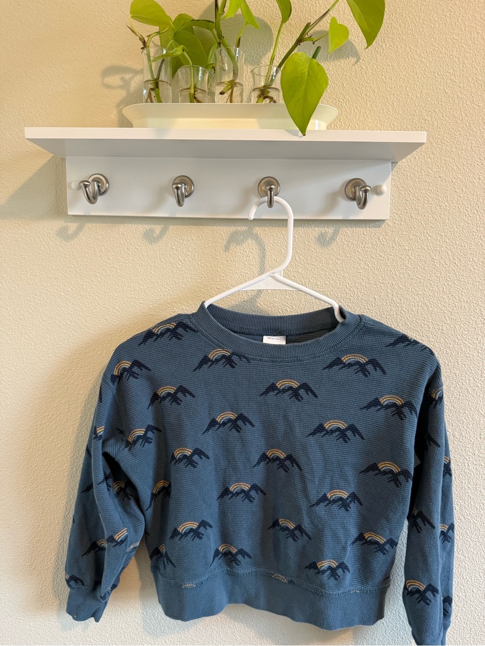 Hanna Andersson Blue Long Sleeve Waffle Shirt with Rainbow Mountain Print
